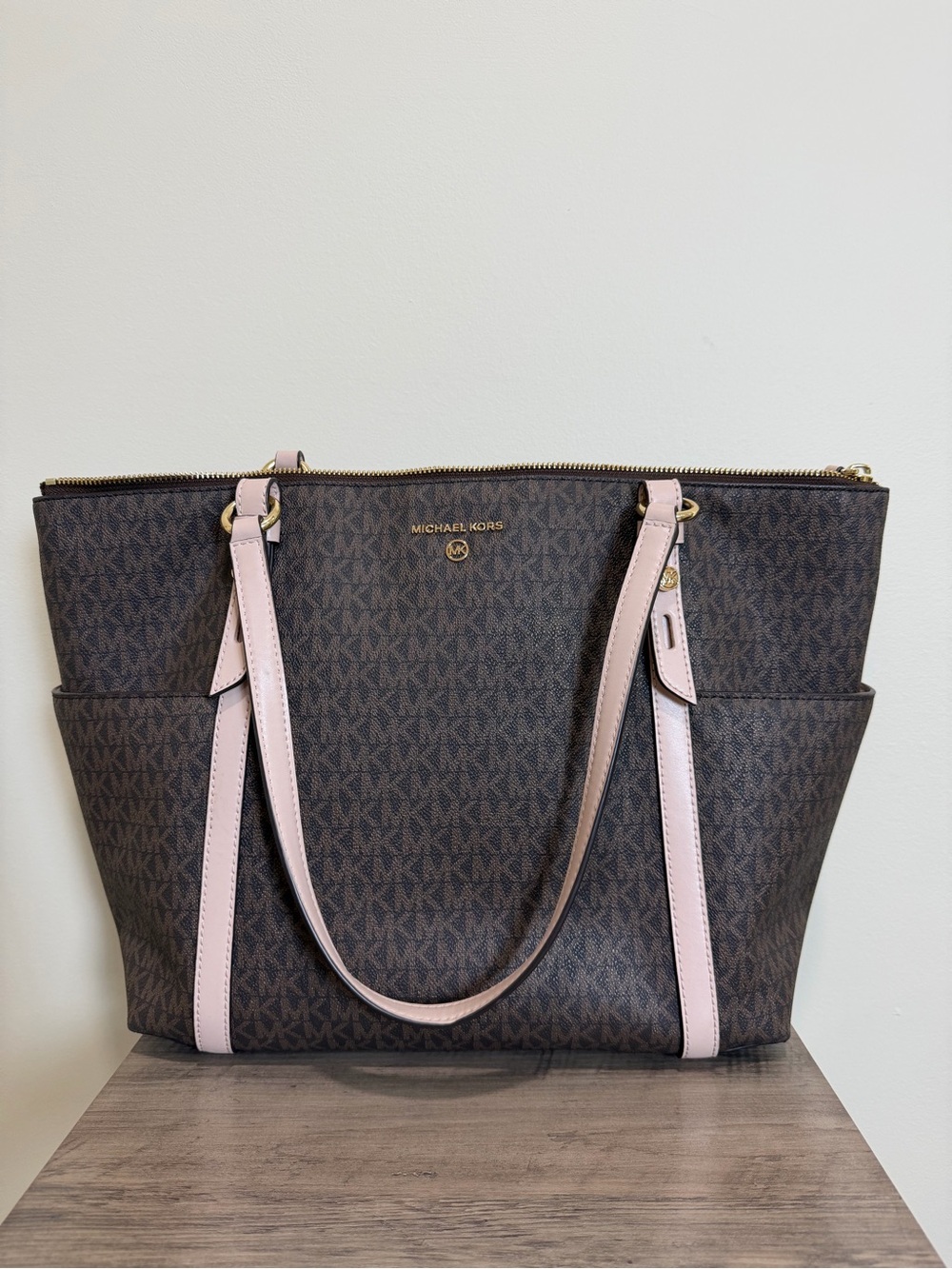 Michael Kors Brown MK Logo Tote with Pale Pink Straps